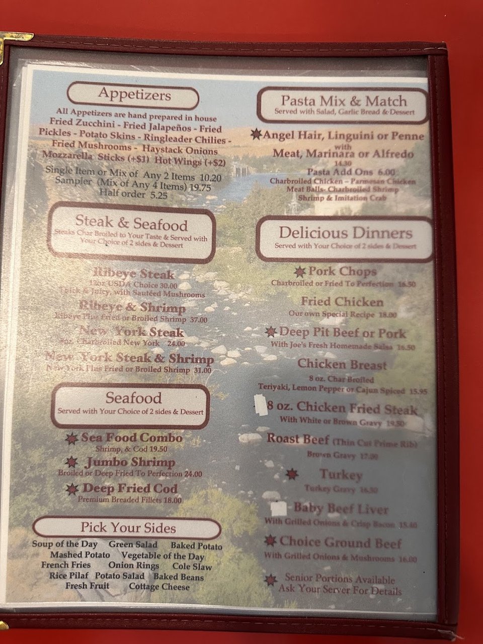 Diner menu featuring pancakes and egg dishes.